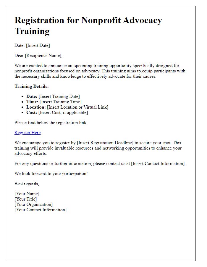 Letter template of registration for nonprofit advocacy training opportunity