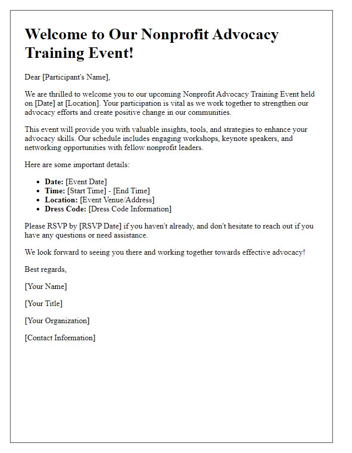 Letter template of welcome to nonprofit advocacy training event