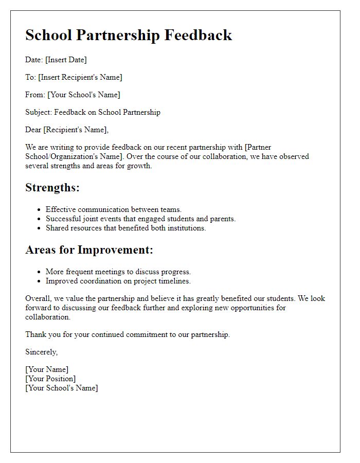 Letter template of school partnership feedback