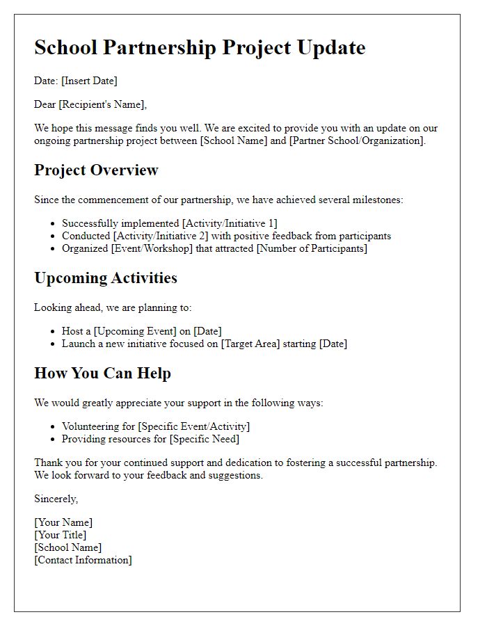 Letter template of school partnership project update