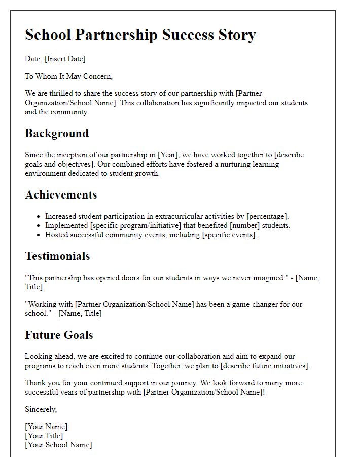 Letter template of school partnership success story