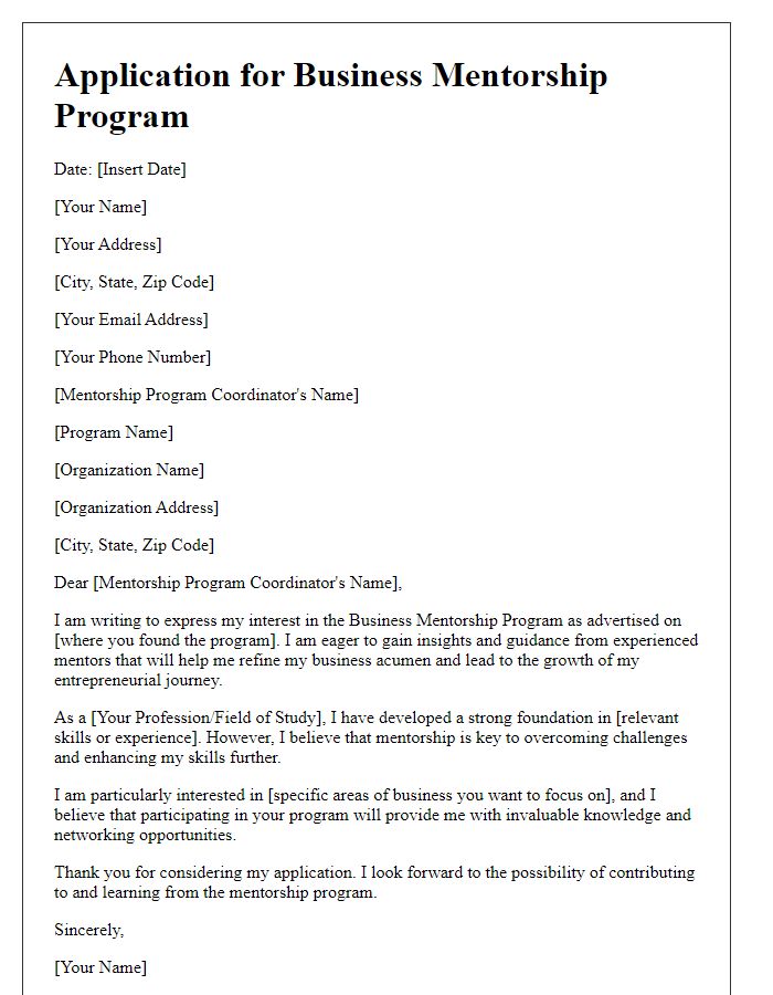 Letter template of application for a business mentorship program