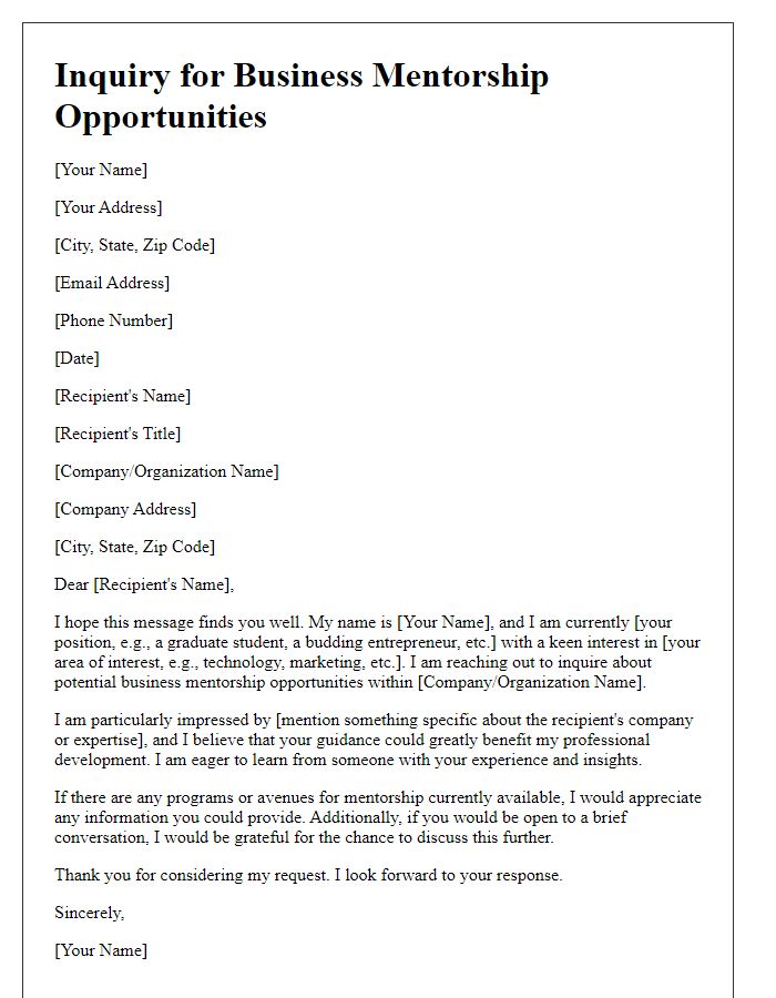 Letter template of inquiry for business mentorship opportunities