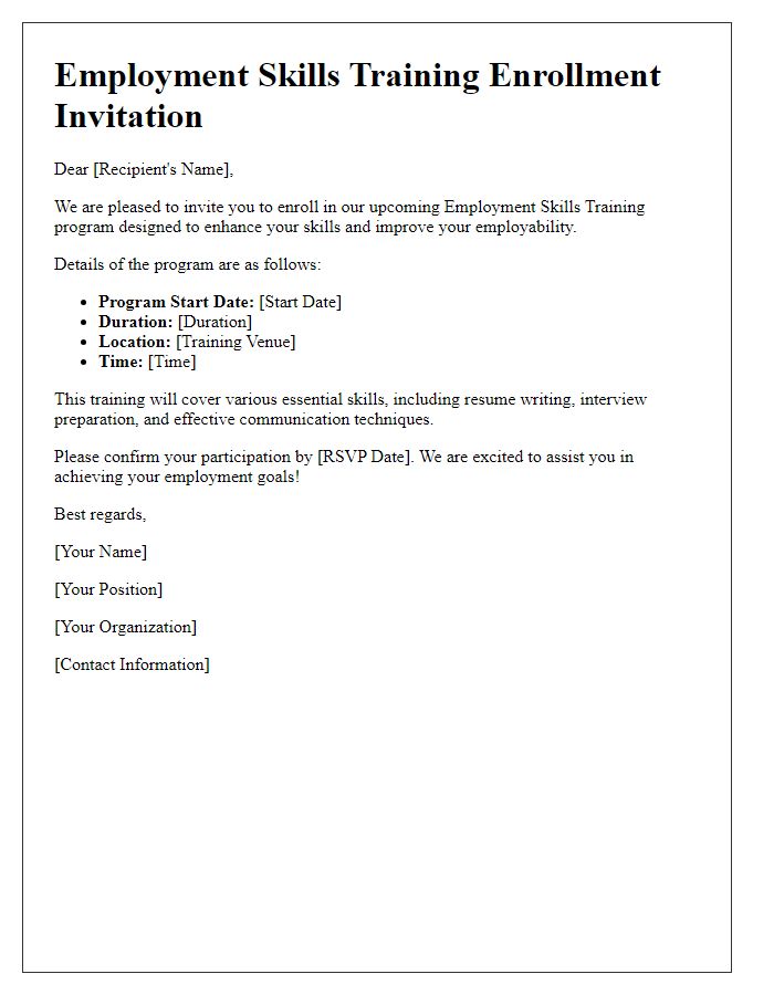 Letter template of employment skills training enrollment invitation