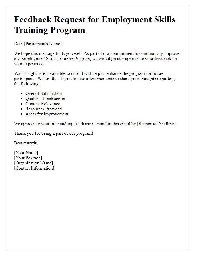 Letter template of employment skills training program feedback request