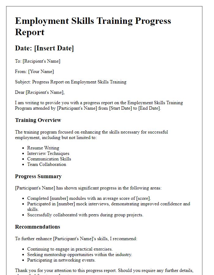 Letter template of employment skills training progress report