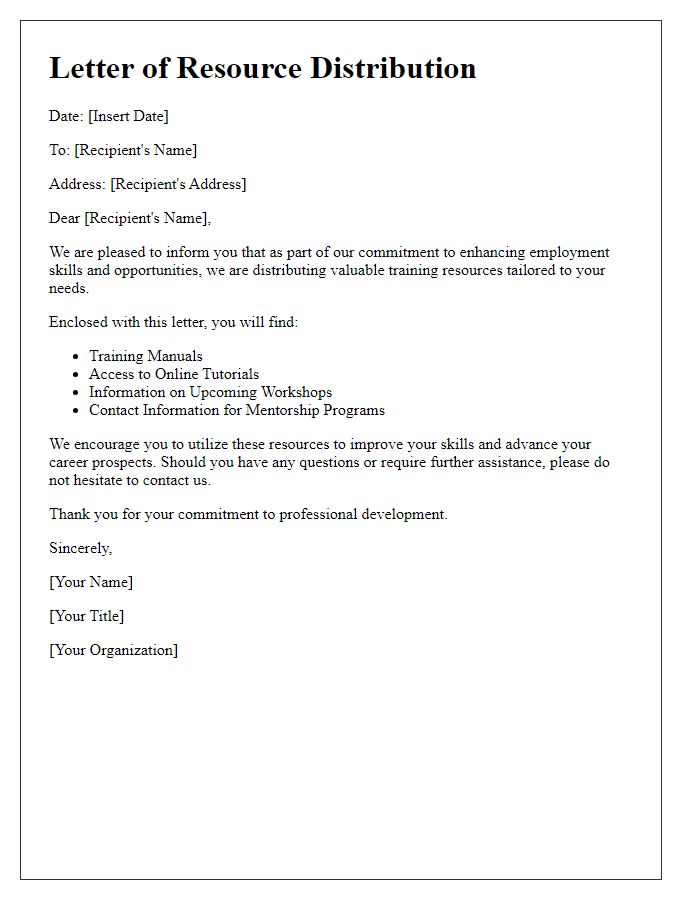 Letter template of employment skills training resource distribution