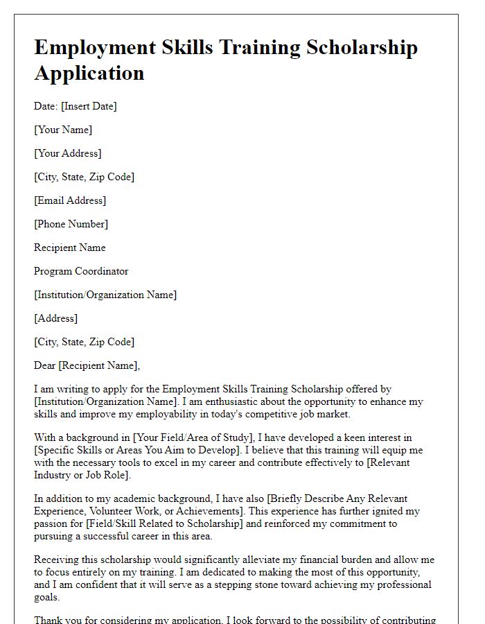 Letter template of employment skills training scholarship application