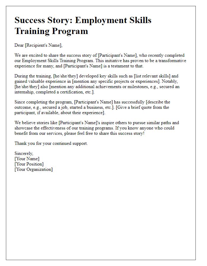 Letter template of employment skills training success story sharing