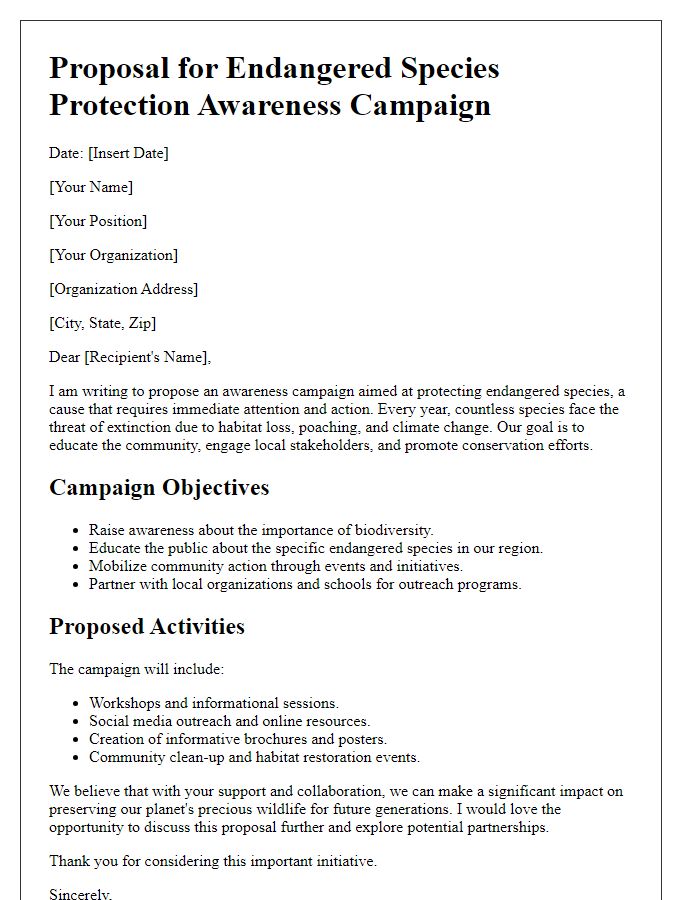 Letter template of awareness campaign proposal for endangered species protection