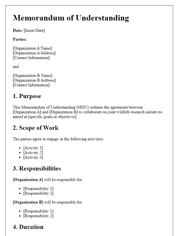 Letter template of memorandum of understanding for joint wildlife research