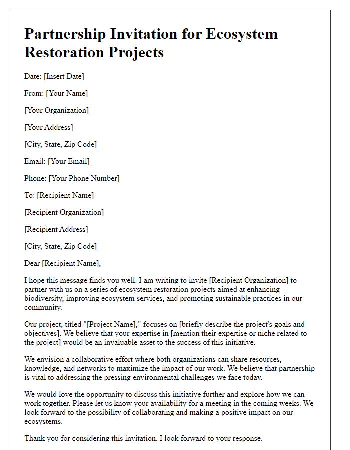 Letter template of partnership invitation for ecosystem restoration projects