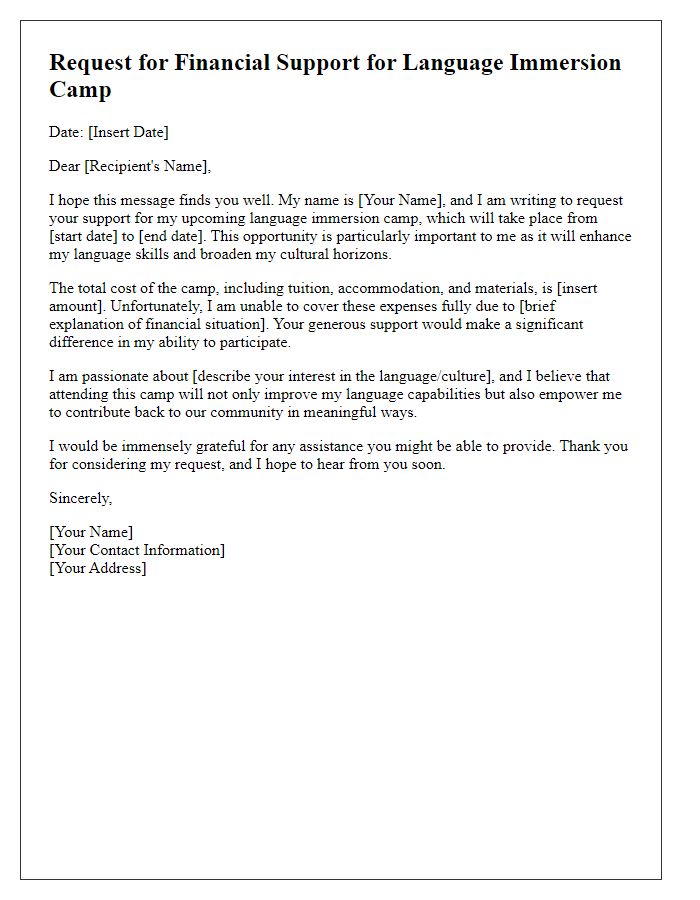 Letter template of appeal for financial support for language immersion camp.