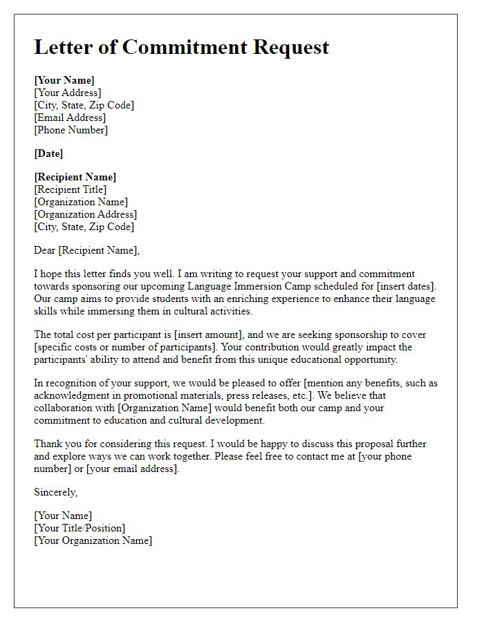 Letter template of commitment request for language immersion camp sponsorship.