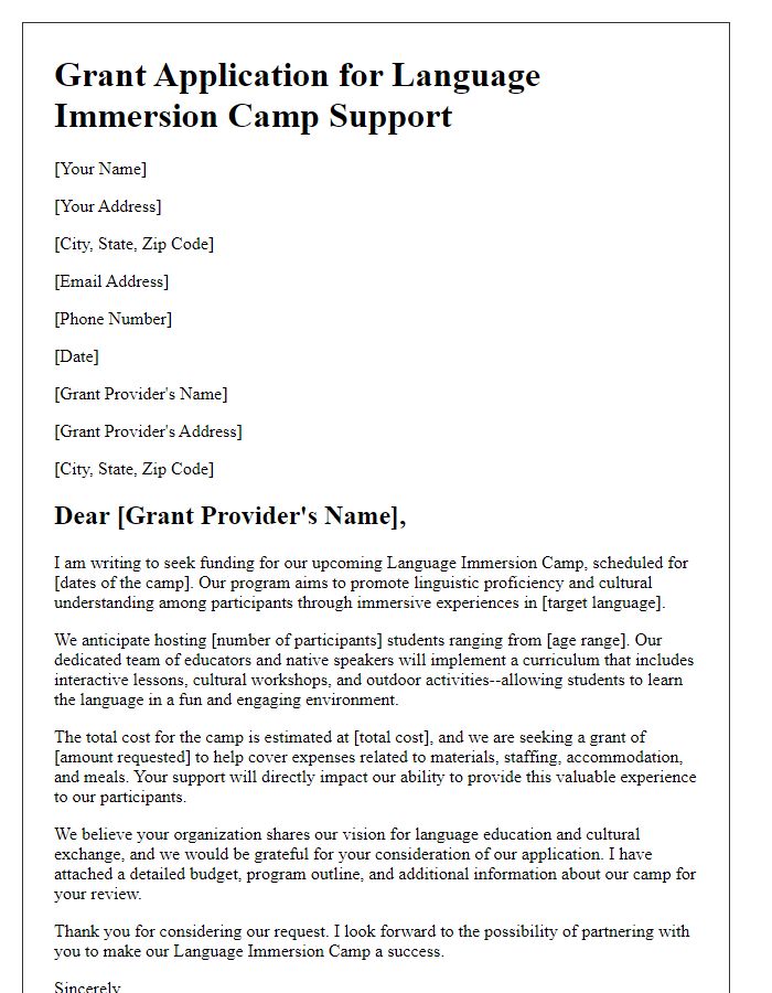 Letter template of grant application for language immersion camp support.