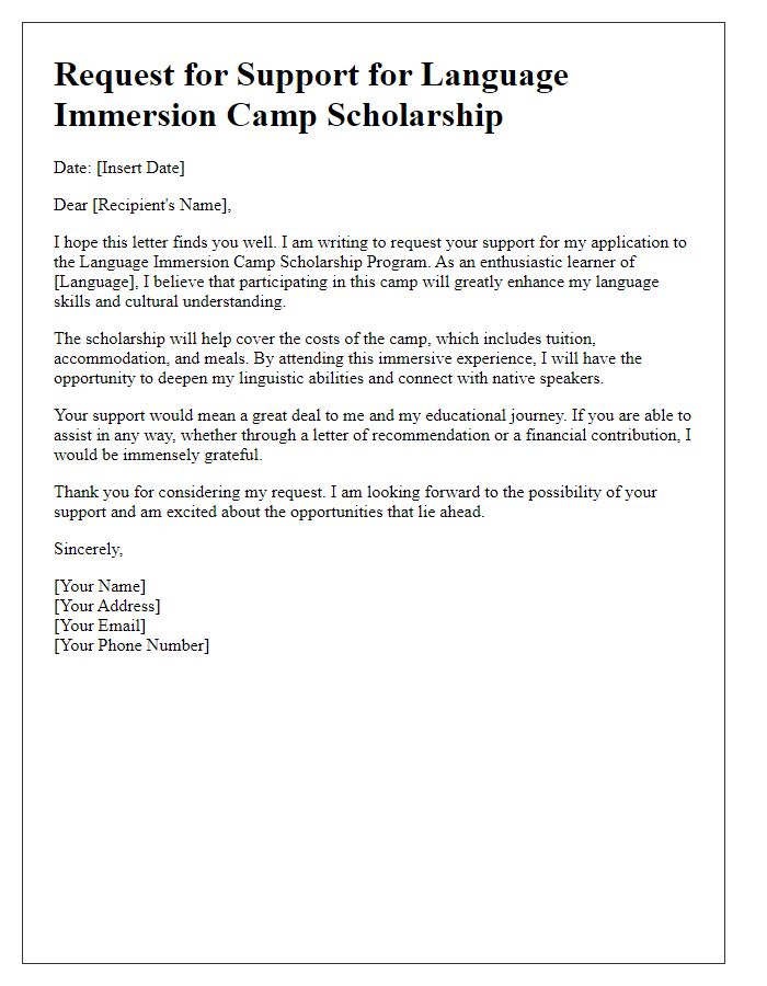 Letter template of support request for language immersion camp scholarship program.