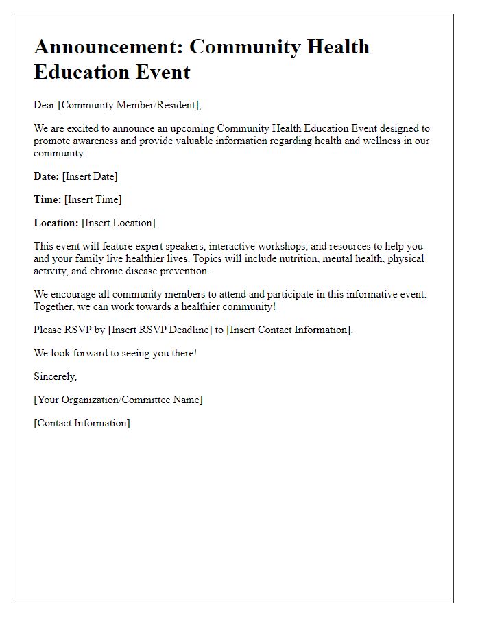 Letter template of announcement for community health education event.