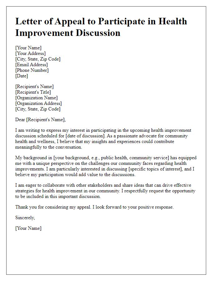 Letter template of appeal to participate in health improvement discussion.