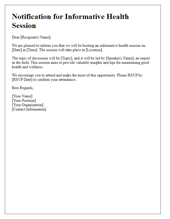 Letter template of notification for informative health session.