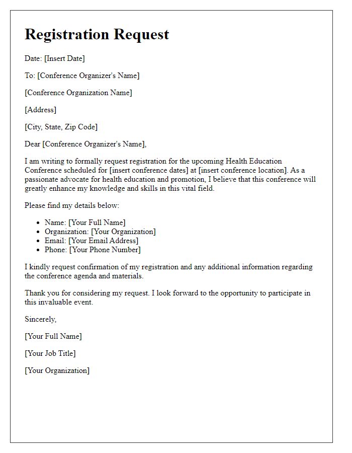 Letter template of registration request for health education conference.