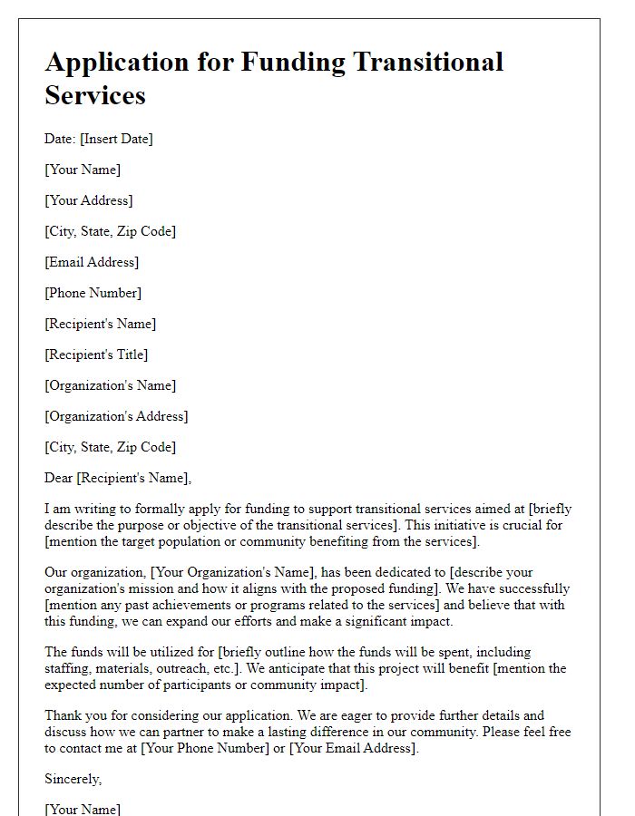 Letter template of application for funding transitional services