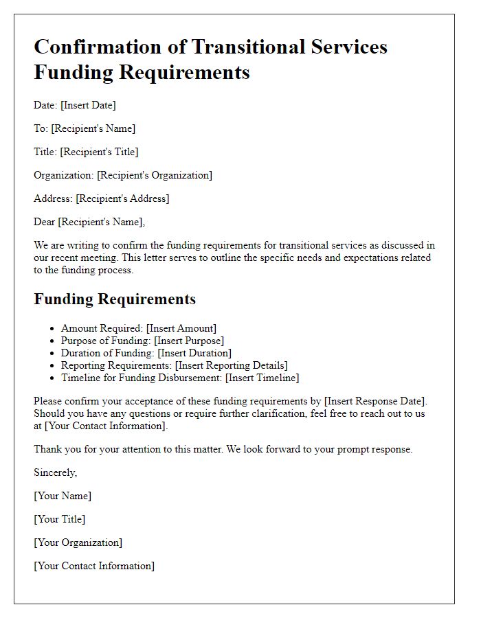 Letter template of confirmation for transitional services funding requirements