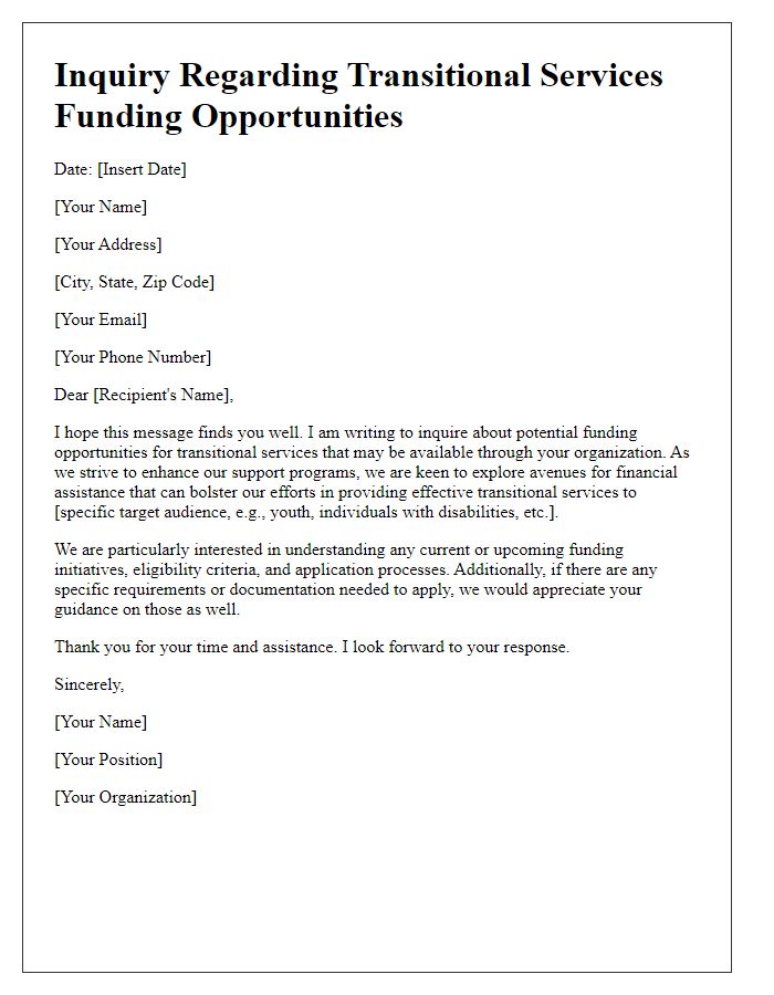 Letter template of inquiry regarding transitional services funding opportunities