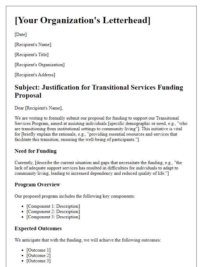 Letter template of justification for transitional services funding proposal