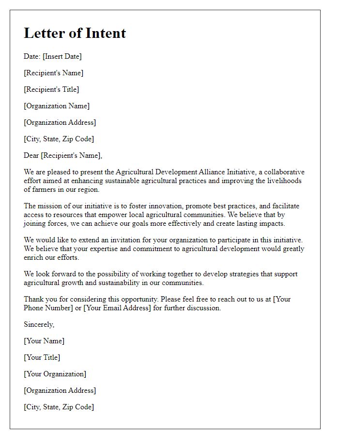 Letter template of Agricultural Development Alliance Initiative