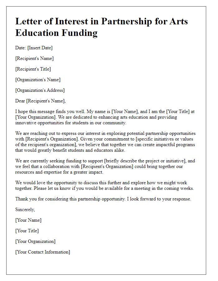 Letter template of interest in partnership for arts education funding