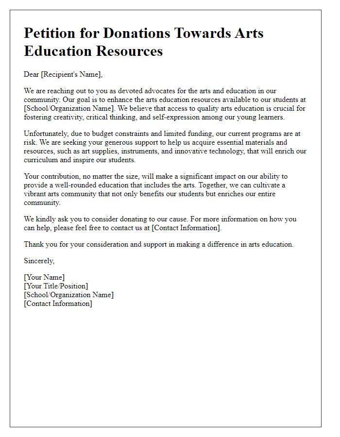 Letter template of petition for donations towards arts education resources