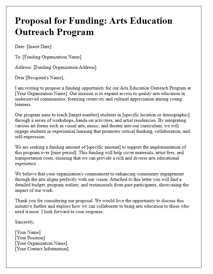 Letter template of proposal for funding dedicated to arts education outreach