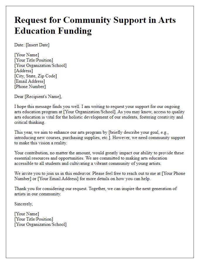 Letter template of request for community support in arts education funding