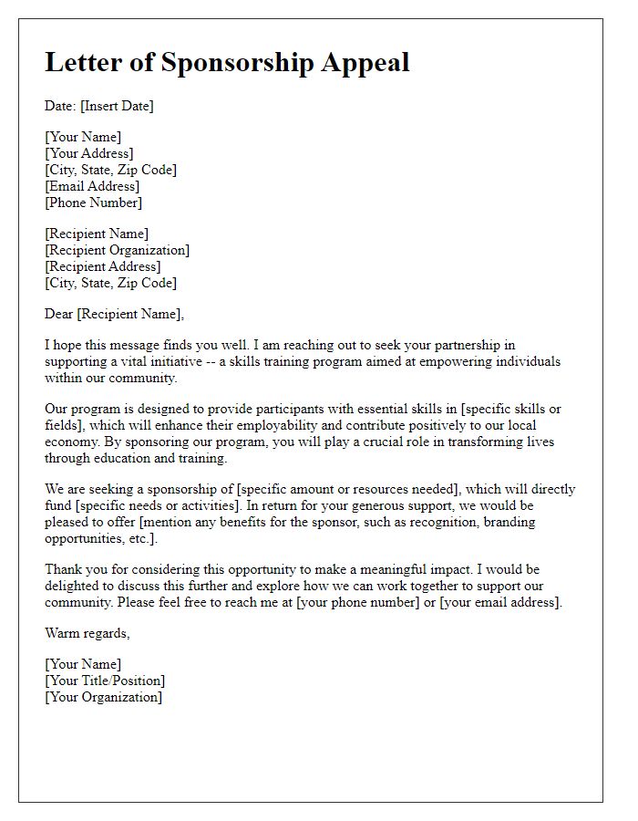 Letter template of sponsorship appeal for skills training program