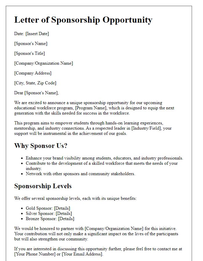 Letter template of sponsorship opportunity for educational workforce programs