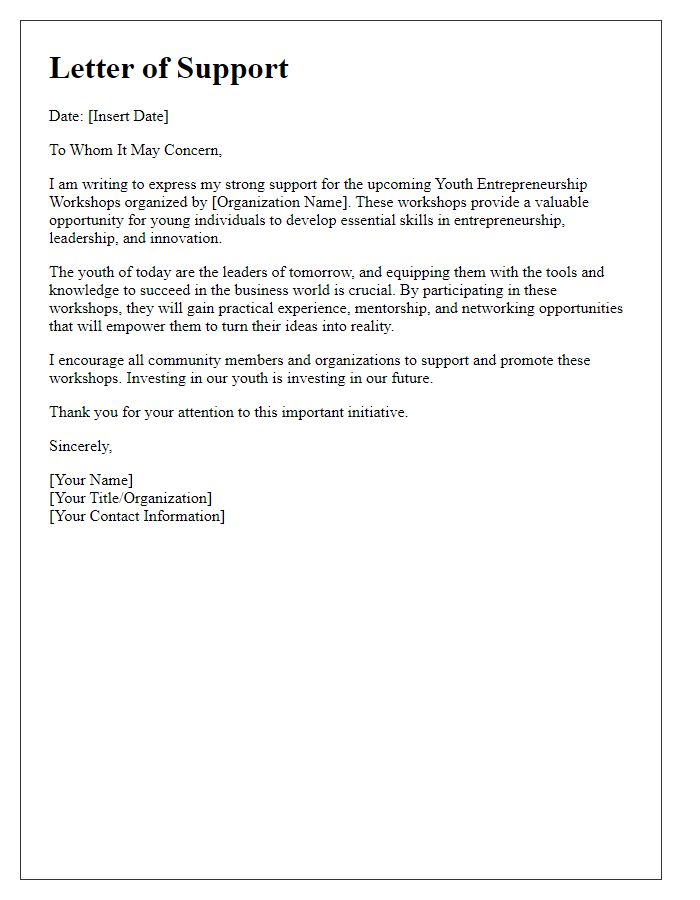 Letter template of backing for youth entrepreneurship workshops.