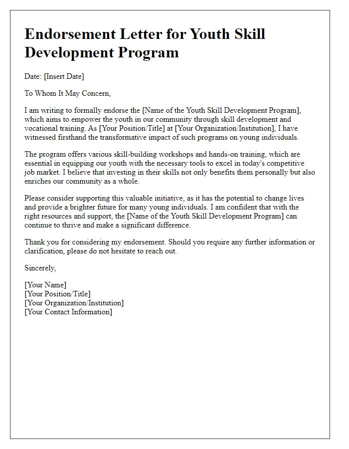 Letter template of endorsement for youth skill development program.