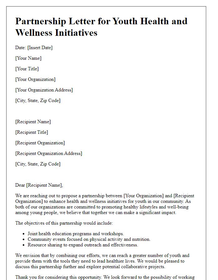 Letter template of partnership for youth health and wellness initiatives.