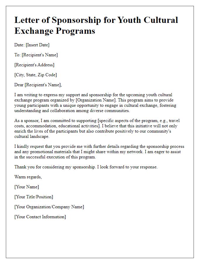 Letter template of sponsorship for youth cultural exchange programs.