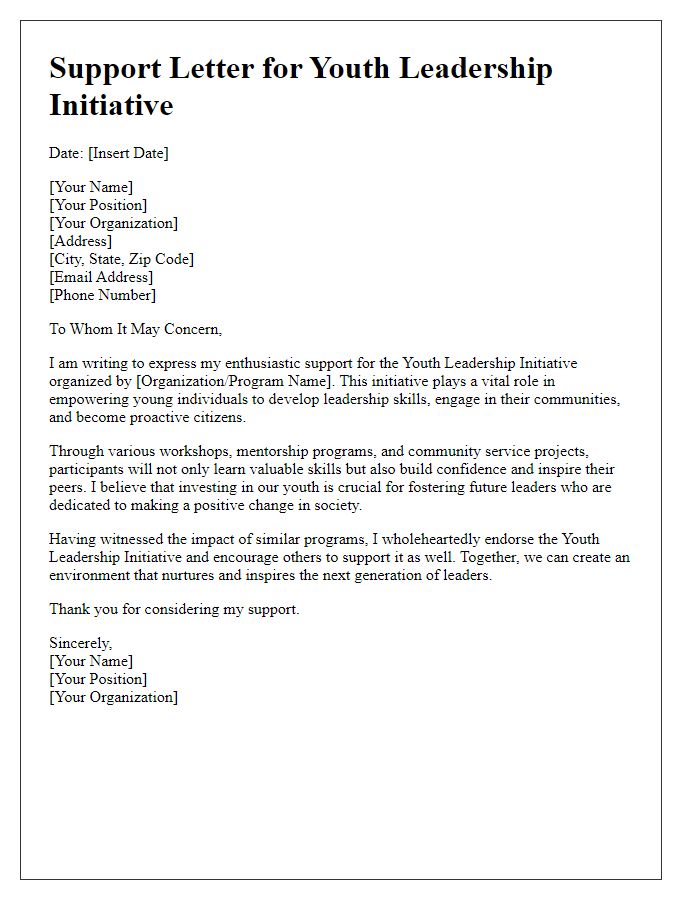 Letter template of support for youth leadership initiative.