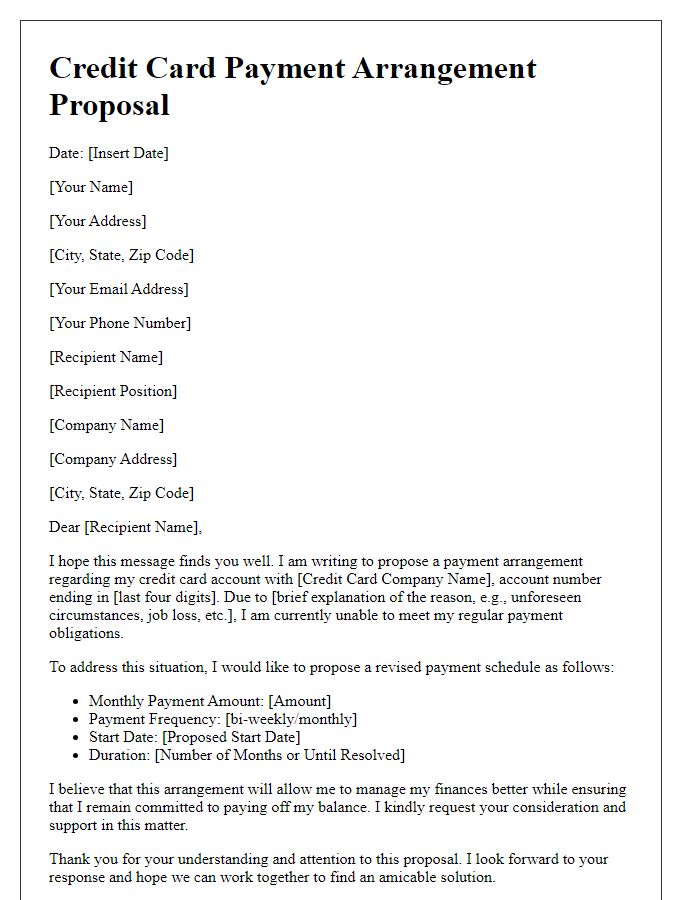 Letter template of credit card payment arrangement proposal