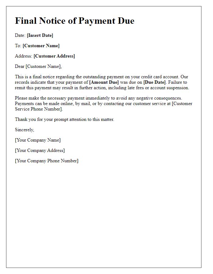 Letter template of final notice for credit card payment