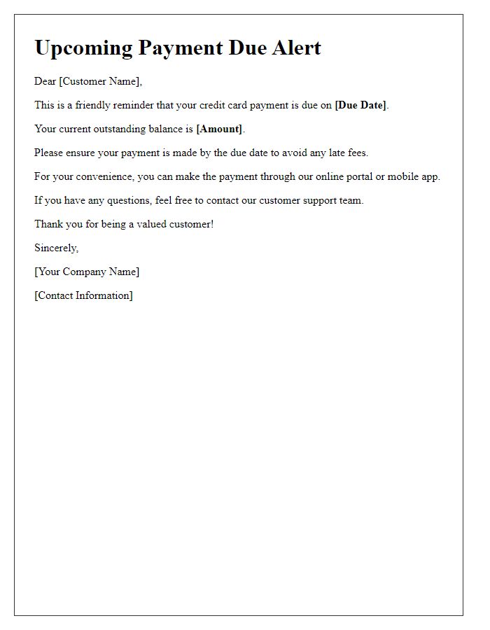 Letter template of upcoming credit card payment due alert