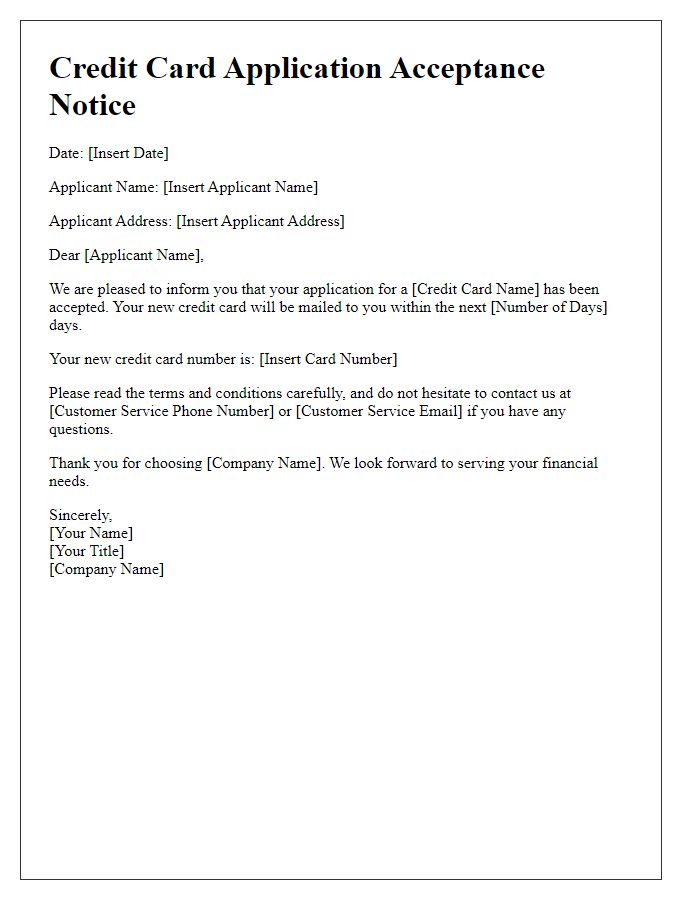 Letter template of acceptance notice for credit card application.