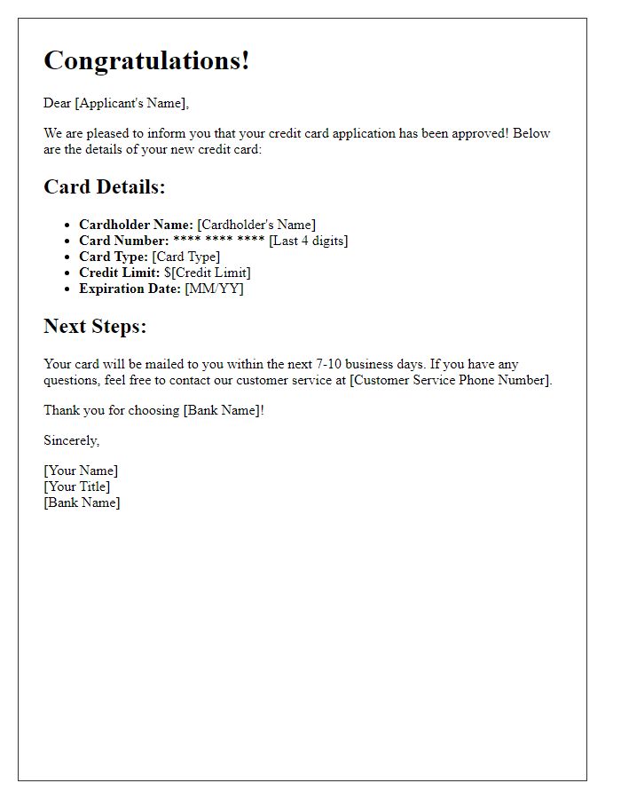 Letter template of approved credit card application details.