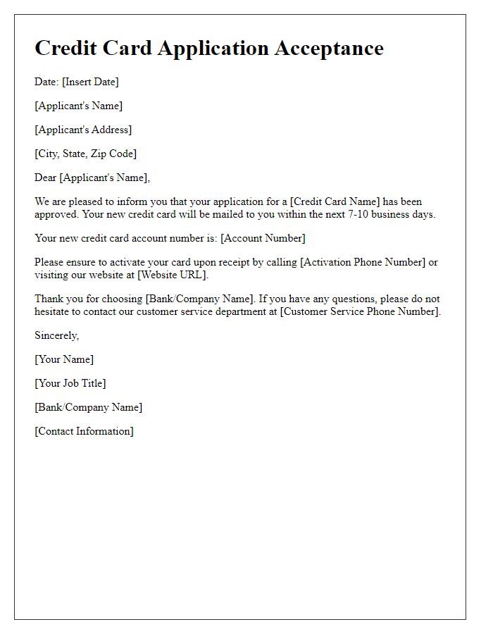 Letter template of credit card application acceptance letter.