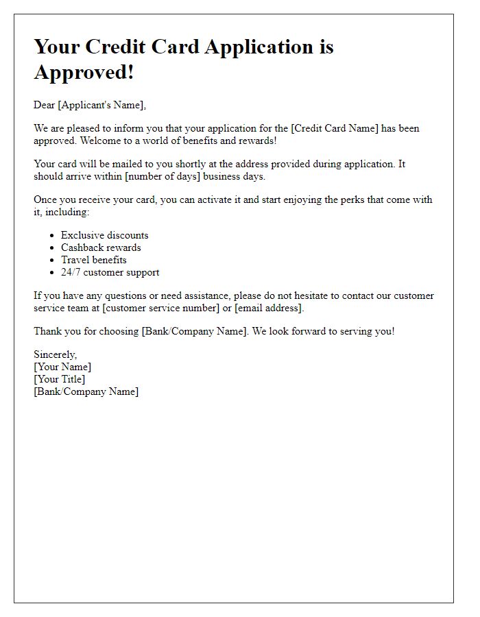 Letter template of credit card application approval announcement.