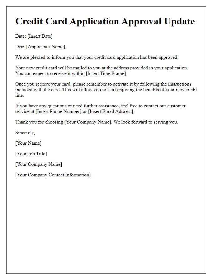 Letter template of credit card application approval update.