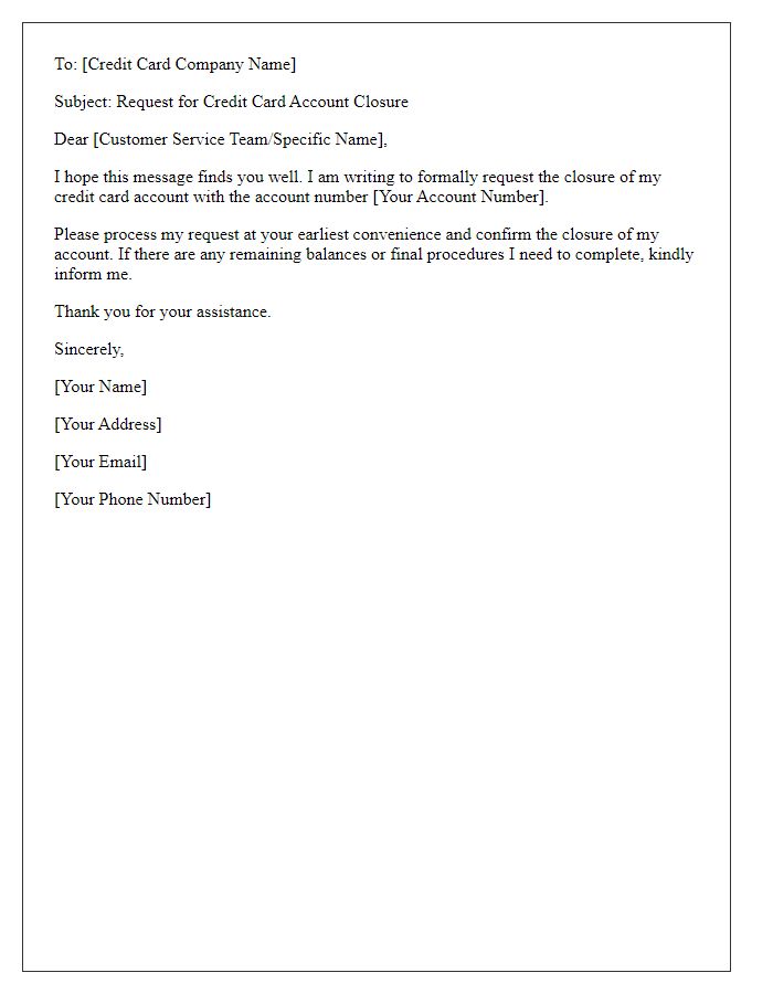 Letter template of email format for credit card account closure