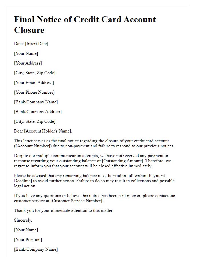 Letter template of final notice for credit card account closure